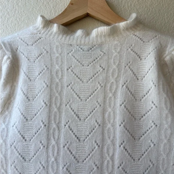 AQUA 100% Cashmere White Cropped Sweater Puff Sleeve Pointelle Knit XS - Picture 9 of 13